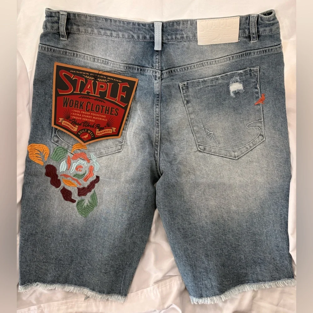 Staple Pigeon Embroidered Denim 32 Shorts Light Stone Wash Floral Distressed NWT - Picture 2 of 11